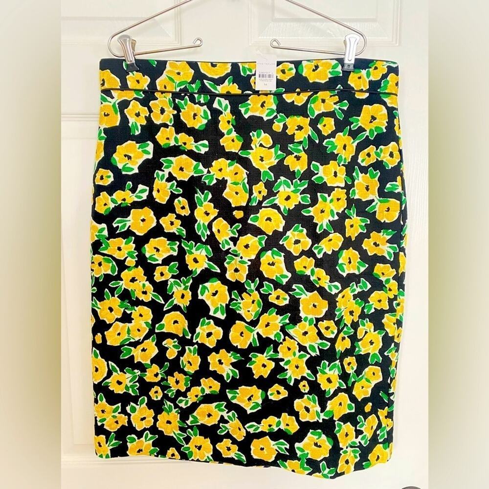 Talbots Cotton Floral Black and Yellow Lined Pencil  Skirt